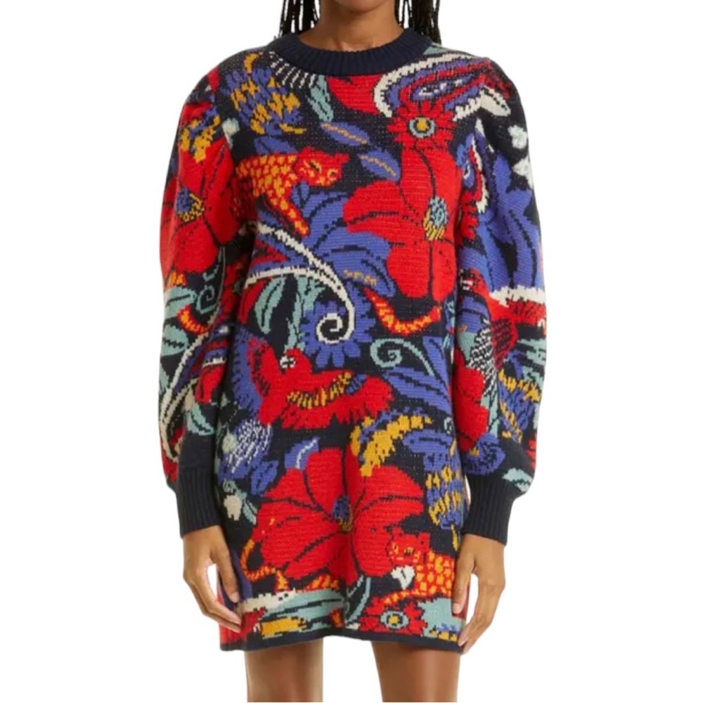 Farm Rio Blue Vintage Forest Sweater Dress M